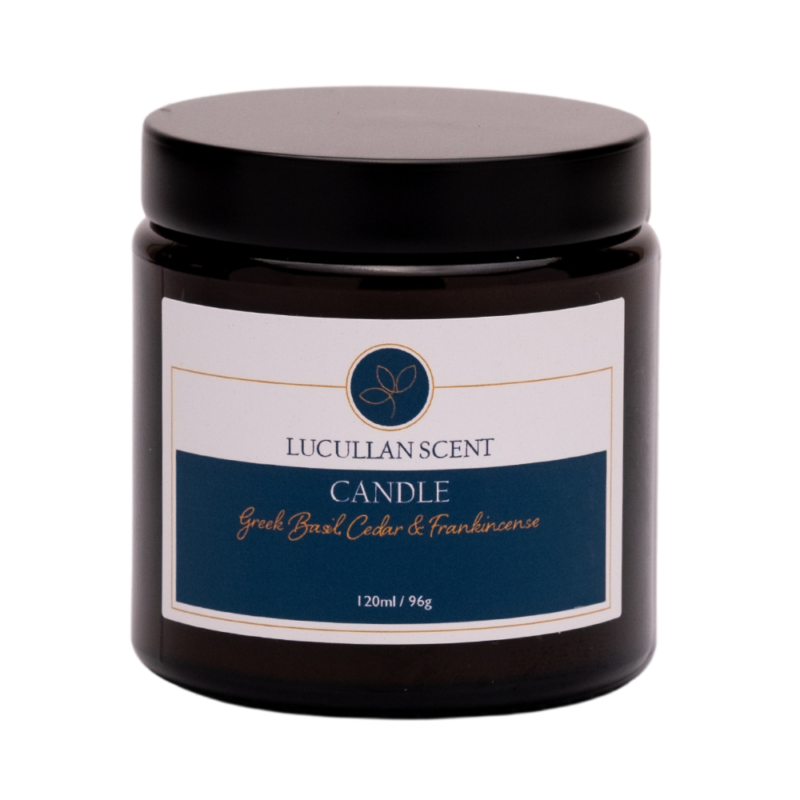 Greek basil, cedar and frankincense candle in dark glass container